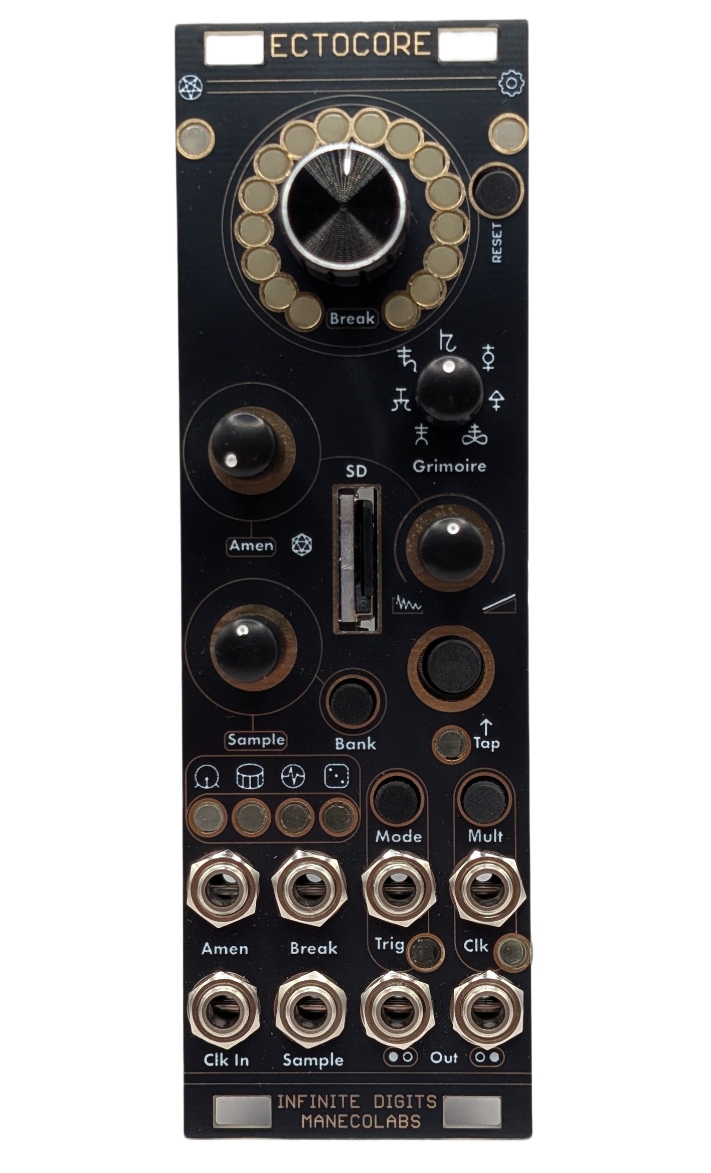 Ectocore 8HP Eurorack algorithmic sample mangler module with labeled controls and inputs